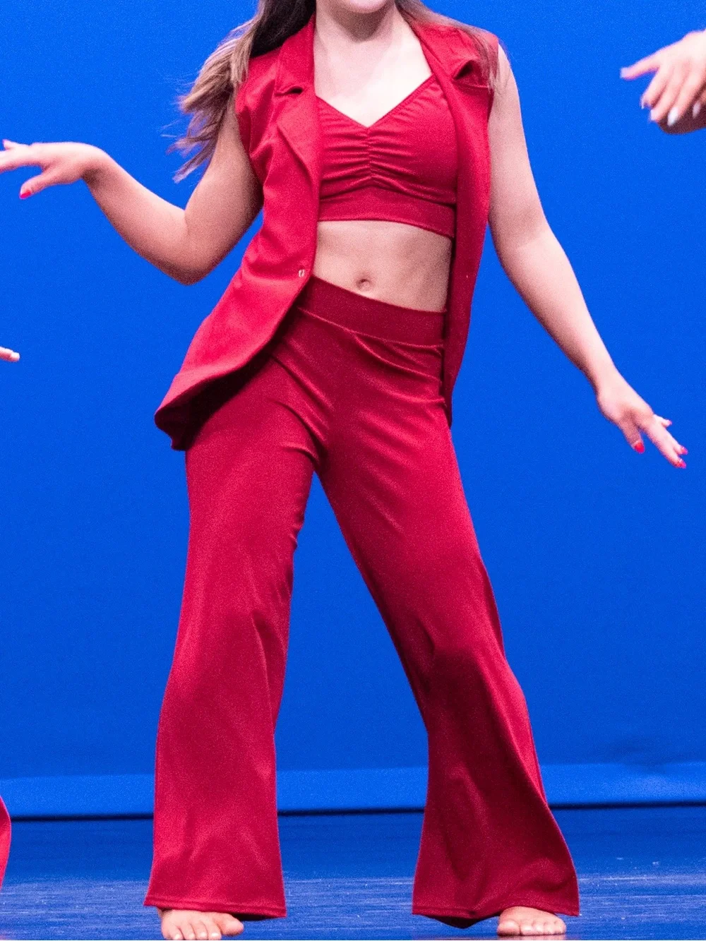 Red Three-Piece Dance Set for Kids - Vest, Crop Top & Wide-Leg Pants